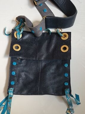 Hammit Navy Blue Leather Crossbody Bag with Turquoise Accents